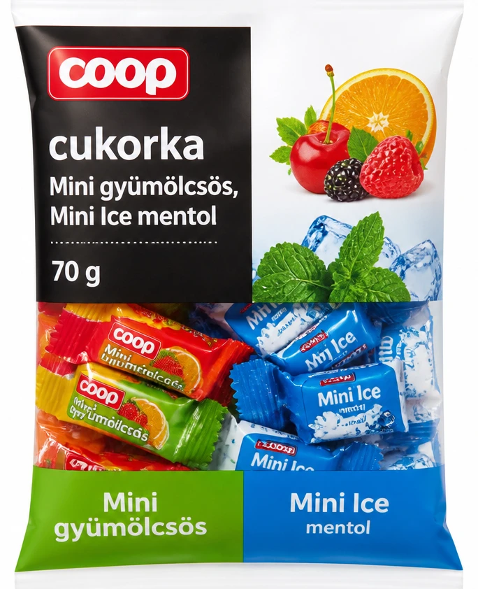 Coop cukorka Mini gyümölcsös, Mini Ice mentol