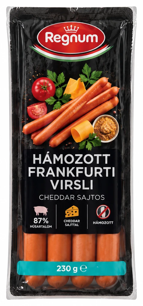Regnum hámozott frankfurti, cheddar sajtos virsli