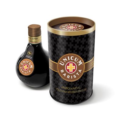 Unicum Barista Kávés Gyógynövénylikőr Szilva és Orange Bitter Miniatűrökkel Papírdíszdobozban 32% 700 ml és 2 x 40 ml