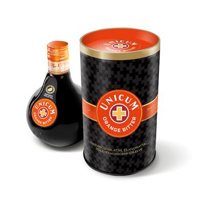 Unicum Orange Bitter Narancsos Gyógynövénylikőr Barista és Szilva Miniatűrökkel Papírdíszdobozban 32% 700 ml és 2 x 40 ml