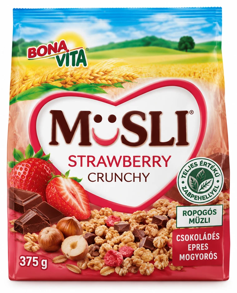 Bona Vita ropogós müzli csokoládés, epres, mogyorós