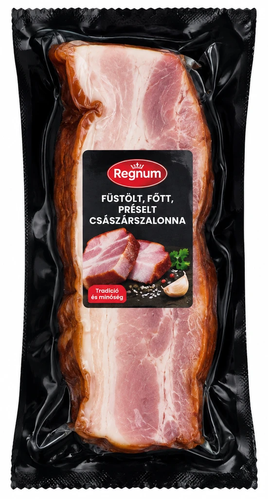 Regnum füstölt, főtt, préselt császárszalonna a kiszolgálópultban és darabolt, csomagolt kiszerelésben is kapható
