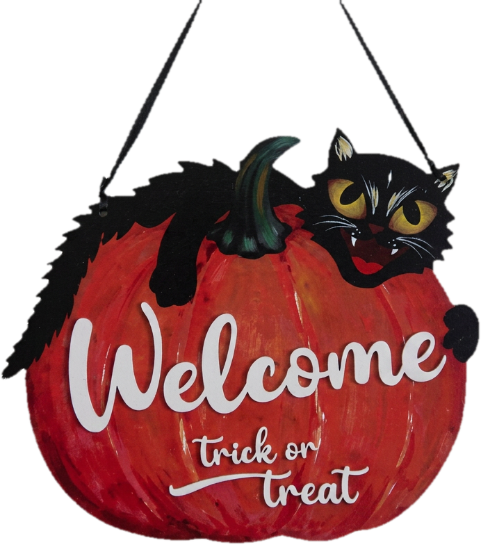 Fa akasztós kopogtató Welcome Tök & macska 20x26